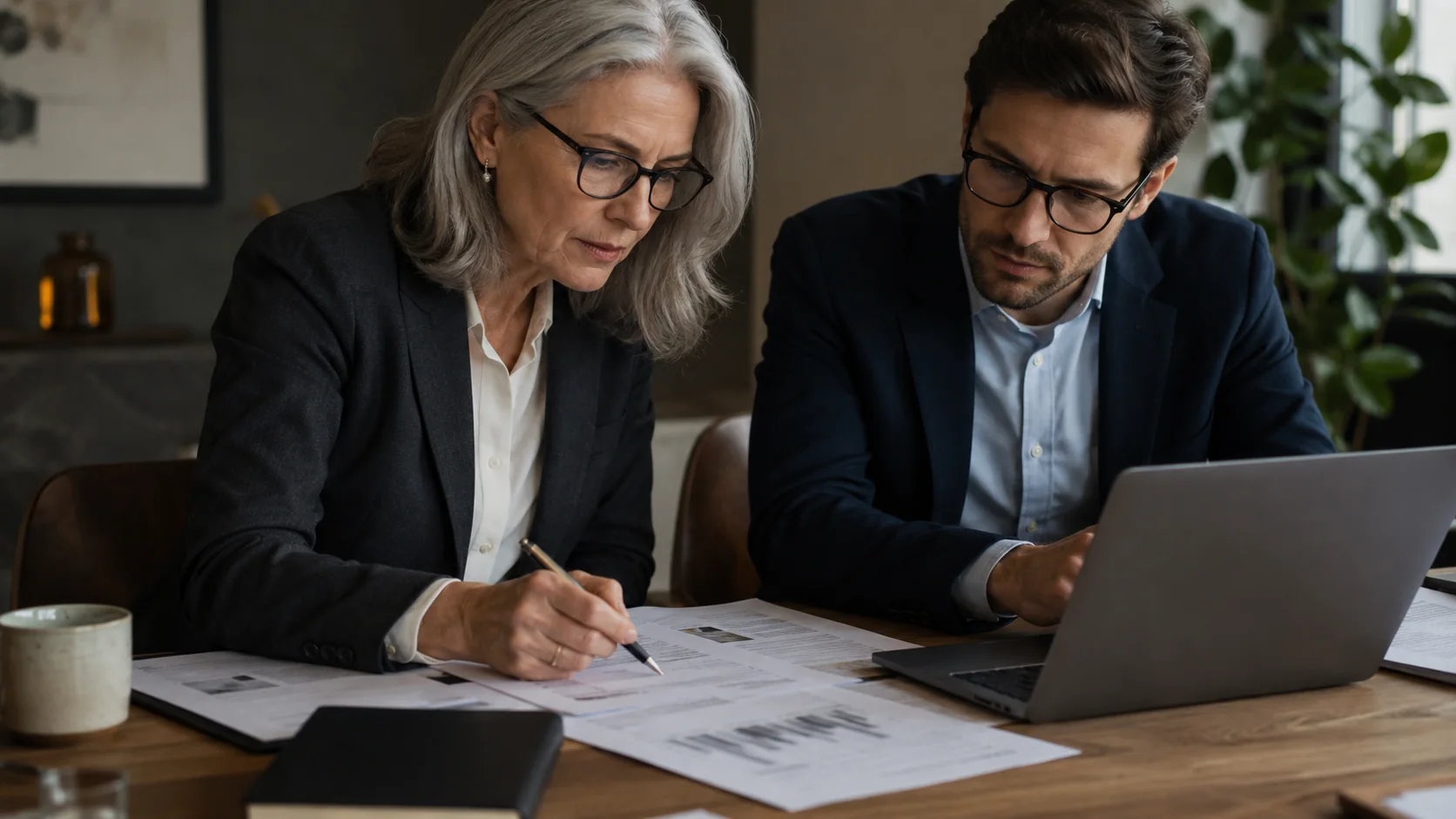 Two professionals rigorously checking research evidence