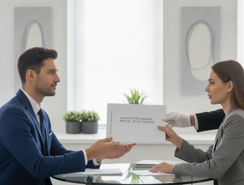 A branded report being handed over across a table, white-glove delivery
